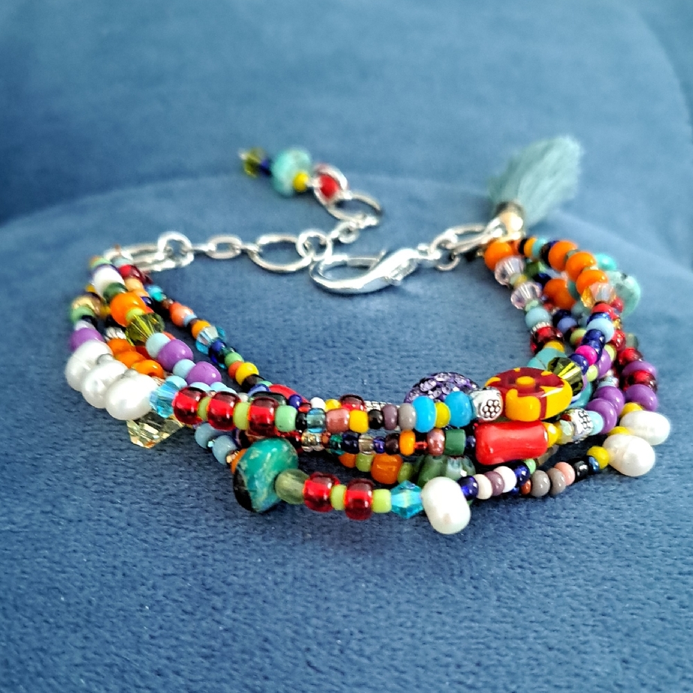HANDMADE One Of A Kind 5 Strand Beaded Bracelet, Multi Color, Size 7-9" Adj.